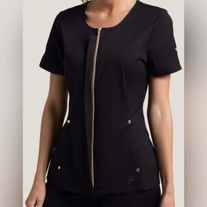 Jaanuu Hidden Zipper Scrub Top With Gold Accents